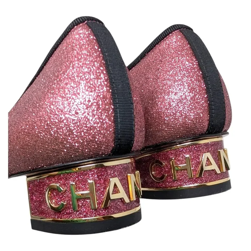 Chanel Ballet Block Heel Pumps Pink Glitter Grosgrain Cap Toe CC Logo 37.5 | 7 - Picture 3 of 13